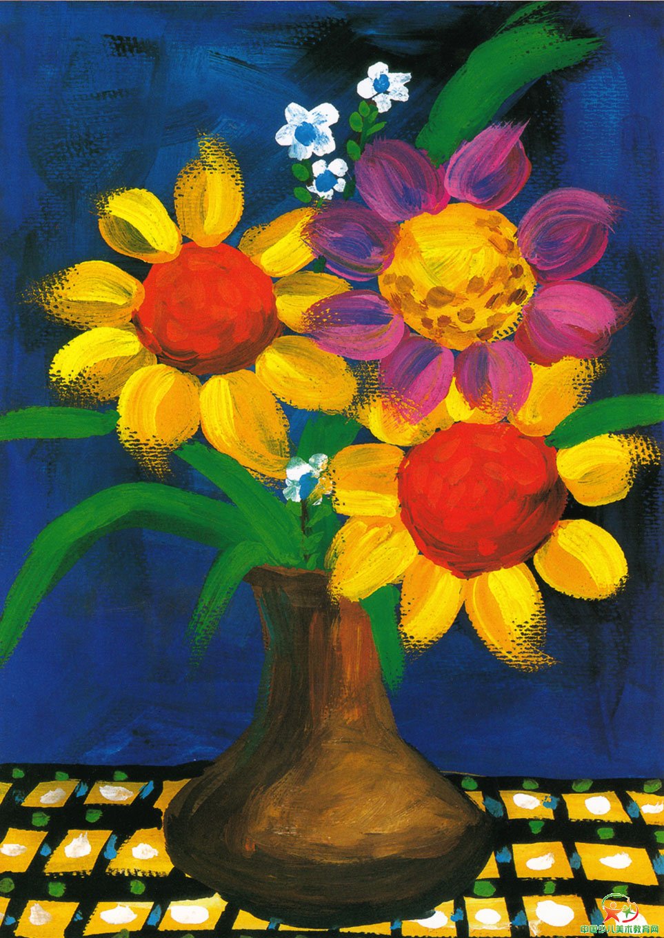画瓶鲜花桌上放/水粉画_中国少儿美术教育网