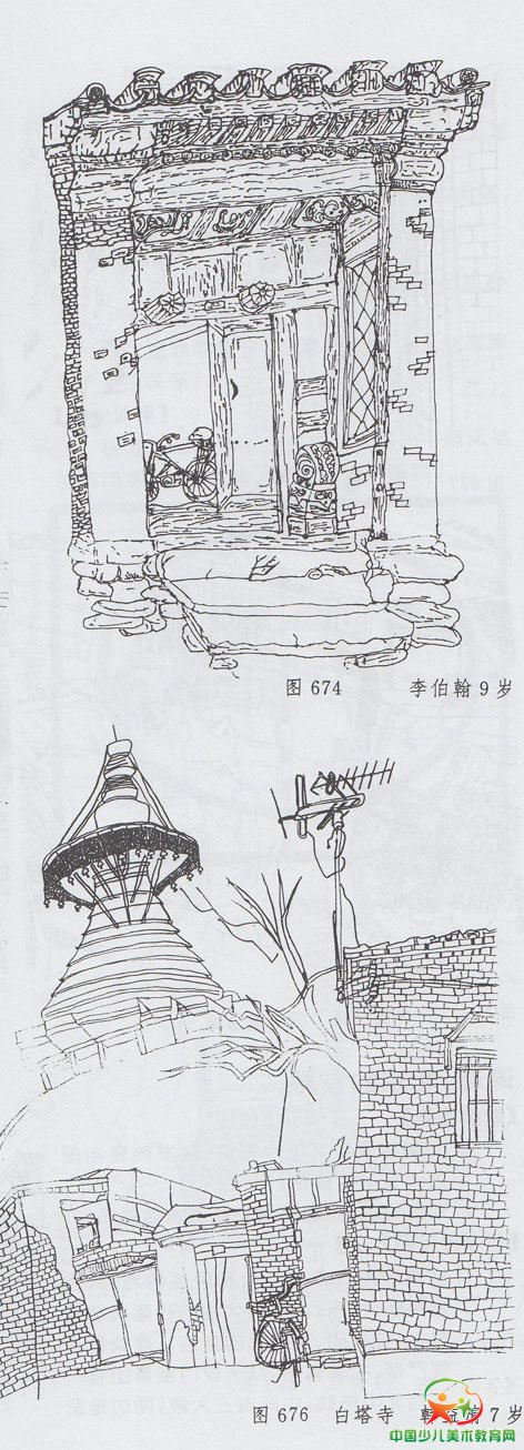 少儿绘画知识:线描--胡同里的房屋