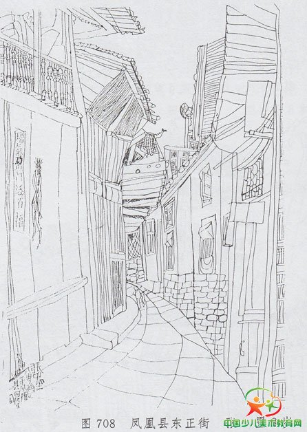 少儿绘画知识:线描-湘西采风速写凤凰县古城居民和吊脚楼