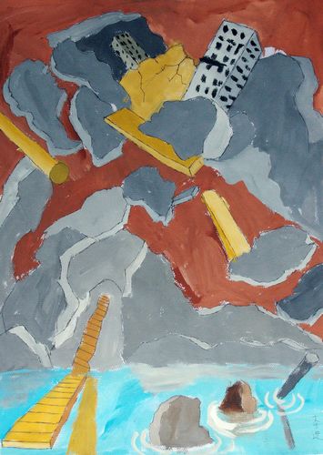 作品名称:地震 作者姓名 李进 作者年龄:11岁 作品类别 水粉画 奖