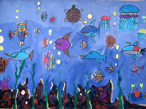 儿童油棒画-海底的大章鱼