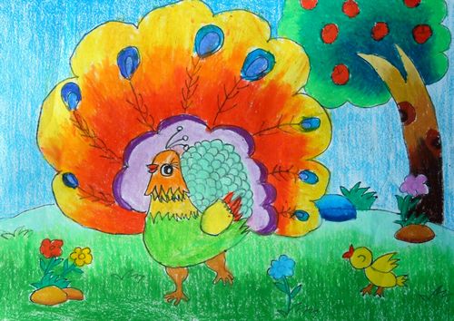 少儿书画作品-孔雀开屏/儿童书画作品孔雀开屏欣赏
