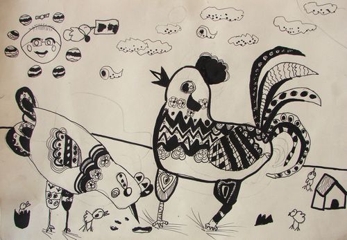 《公鸡和母鸡/少儿绘画作品/儿童画/网络美术馆_中国少儿美术教育网