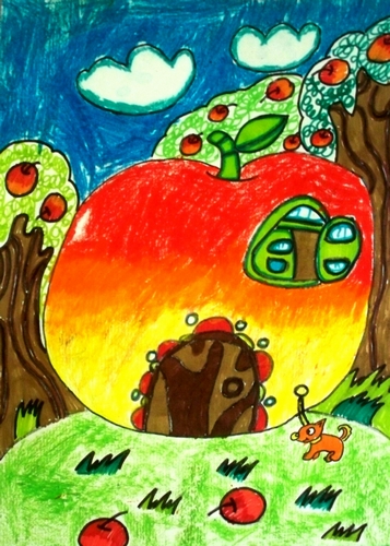 苹果房子/少儿绘画作品/儿童画/网络美术馆_中国少儿