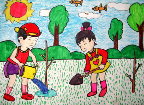 快乐植树节/少儿绘画作品/儿童画/网络美术馆_中国
