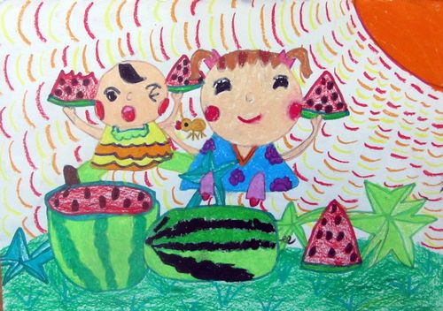 少儿书画作品-吃西瓜\/儿童书画作品吃西瓜