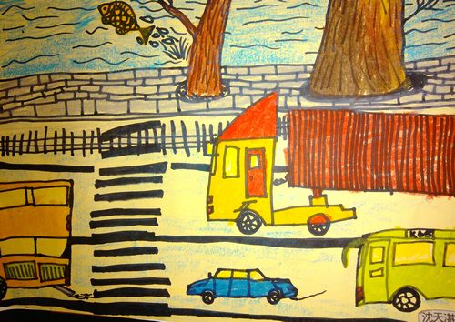 少儿书画作品-马路上的汽车\/儿童书画作品