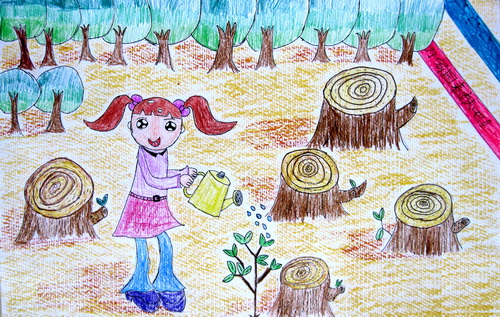 《爱护花草》/少儿绘画作品/儿童画/网络美术馆_中国