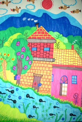 小溪从村庄流过/少儿绘画作品/儿童画/网络美术馆