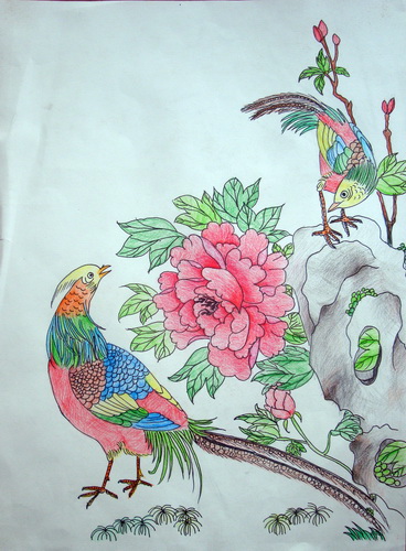 锦鸡牡丹/少儿绘画作品/儿童画/网络美术馆_中国少儿美术教育网
