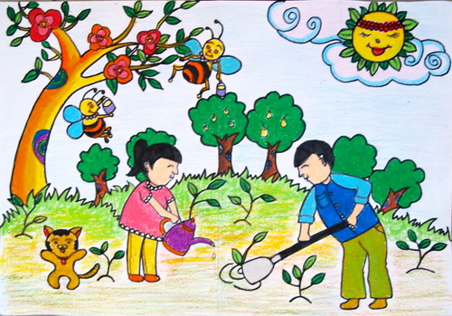 快乐植树节/少儿绘画作品/儿童画/网络美术馆_中国