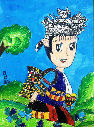 主页 网络美术馆作品名称《苗族女孩 作者姓名 陈哲瀚 作者年龄:8