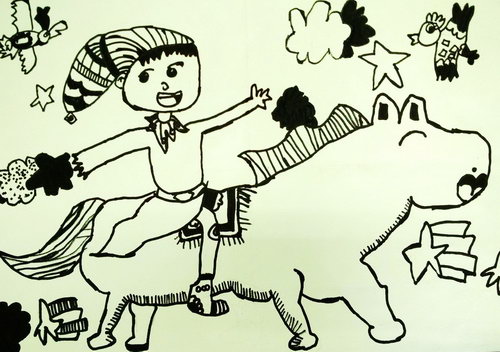 少儿书画作品-骑马的男孩/儿童书画作品骑马的男孩