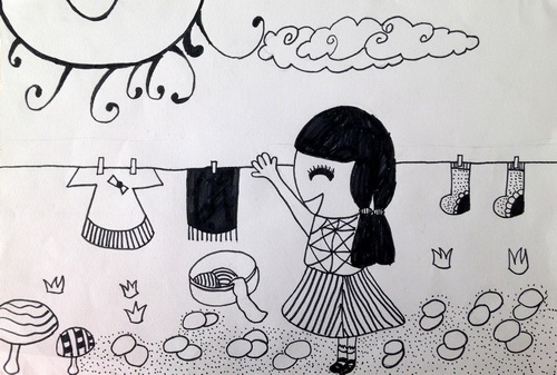 少儿书画作品-《爱劳动的小姑娘》/儿童书画作品《爱