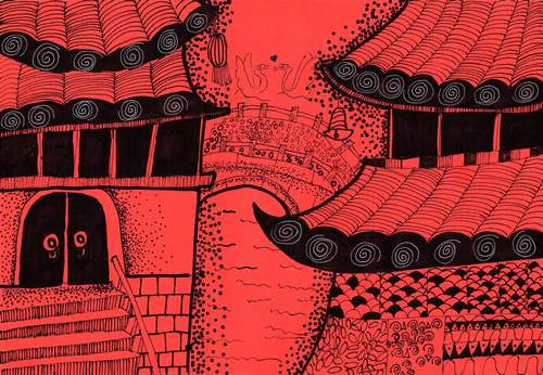 少儿书画作品-古城一角/儿童书画作品古城一角欣赏