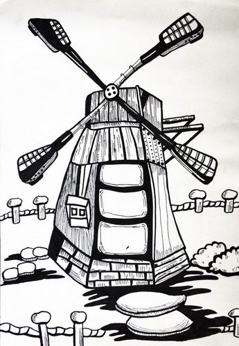 《荷兰风车》作者姓名 黄智勋作者年龄:8岁作品类别 钢笔线描画奖