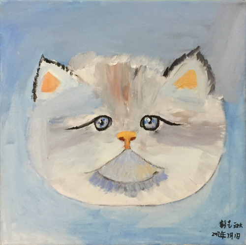 作品名称《蓝猫》作者姓名 彭艺琳作者年龄:9岁作品类别 油画奖